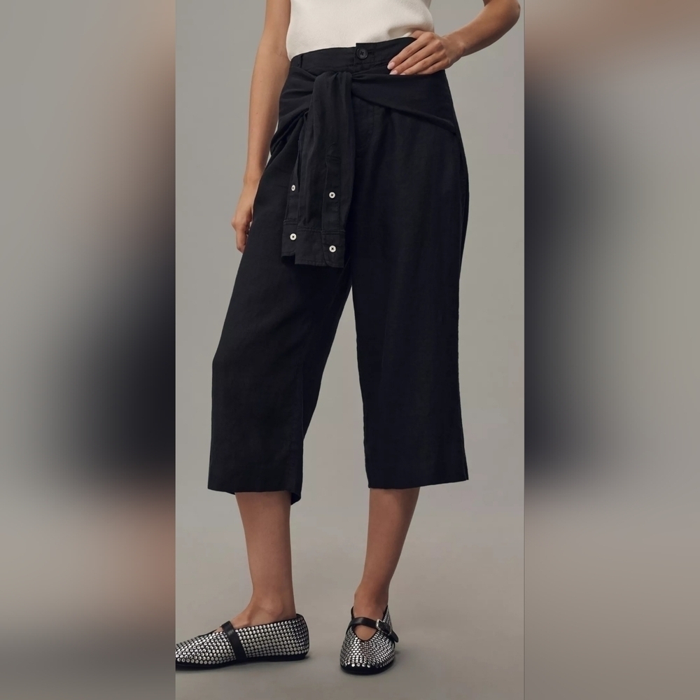 By Anthropologie Women's Linen Shirt-Tie Capri Pants, Black